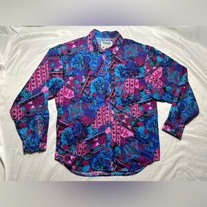 Vtg Wrangler Shirt Womens Large Blue Aztec Abstract Western Button Up 90s Floral